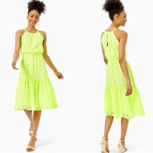 Lilly Pulitzer Yellow Green Halter Midi Sundress neon eyelet
